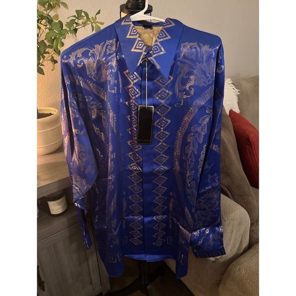 Ceta Dolce Other - Ceta Dolce Mens Royal Blue Gold Baroque Silk Blend Button Down‎ Shirt 2XL NWT